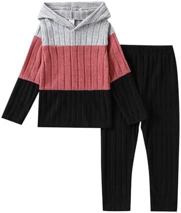 Toddler Kid Girls Clothes Ribbed Color Block Long Sleeve Hoodie Sweatsuit Set Fall Outfits