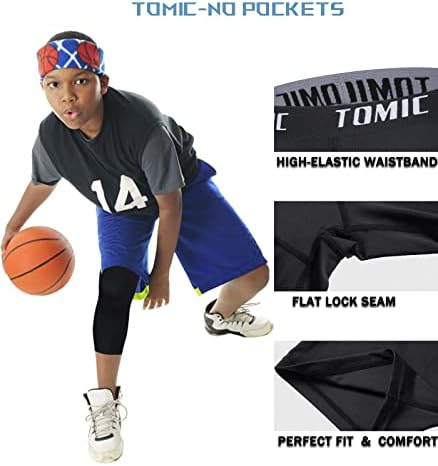 Tomic Youth Boys Kids One Leg 3/4 Leggings Compression Pants For Basketball Soccer Sports Athletic Training Tights Base Layer