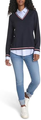 Tommy Hilfiger Womens Long Sleeve Button Up Collared Twofer Sweater