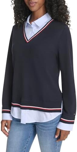 Tommy Hilfiger Womens Long Sleeve Button Up Collared Twofer Sweater