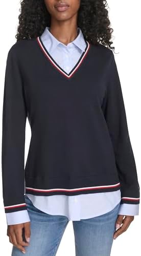 Tommy Hilfiger Womens Long Sleeve Button Up Collared Twofer Sweater