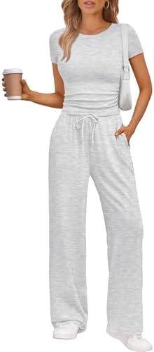 Trendy Queen 2 Piece Matching Summer Sweatsuit Lounge Set Womens Wide Leg Pants Side Ruching Crop Top Sets