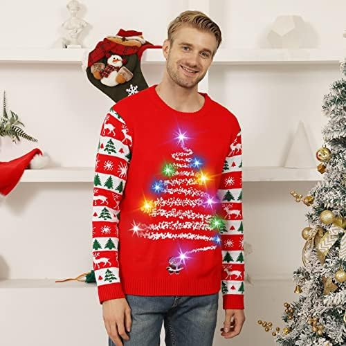 Ugly Christmas Sweater Women Men Light Up Christmas Sweater For Couples Funny Cute Reindeer LED Xmas Tacky Sweaters