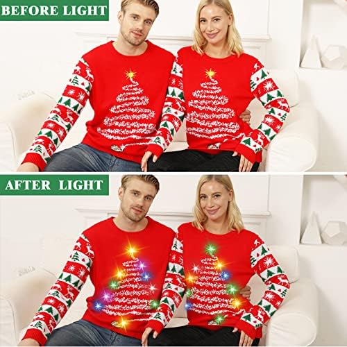 Ugly Christmas Sweater Women Men Light Up Christmas Sweater For Couples Funny Cute Reindeer LED Xmas Tacky Sweaters