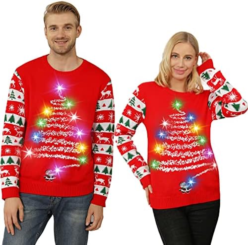 Ugly Christmas Sweater Women Men Light Up Christmas Sweater for Couples Funny Cute Reindeer LED Xmas Tacky Sweaters