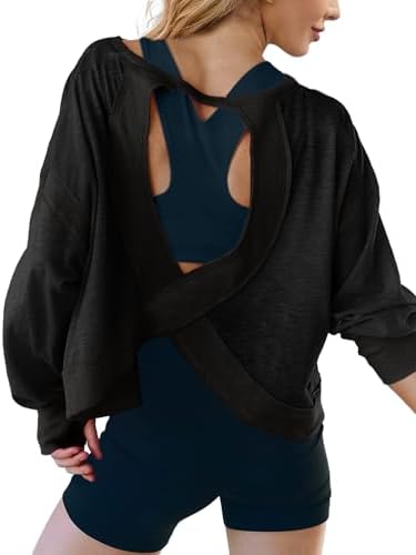 UNIANKIYA Open Back Workout Tops For Women Long Sleeve Cropped Athletic Clothes Gym Running Yoga Low Impact Sports T Shirts