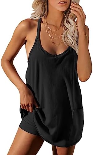 UNIANKIYA Womens Workout Romper Dress with Shorts Underneath Sleeveless Spaghetti Straps Athletic Outfits Casual Vacation