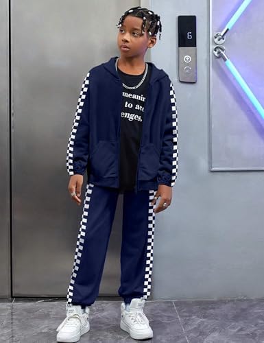 Unisex Boys Girls Clothes Plaid 2 Piece Outfits Athletic Tracksuit Hooded Sweatshirt And Sweatpants Kids Sweatsuits