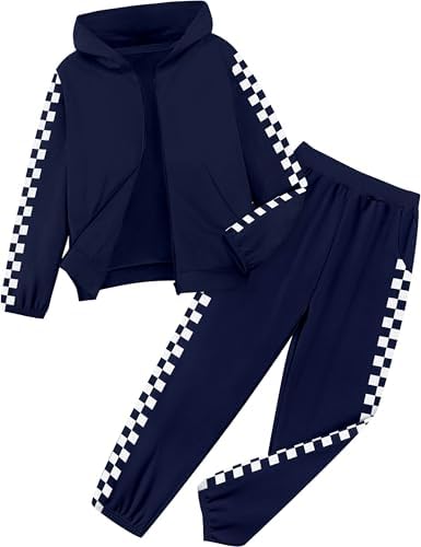 Unisex Boys Girls Clothes Plaid 2 Piece Outfits Athletic Tracksuit Hooded Sweatshirt and Sweatpants Kids Sweatsuits