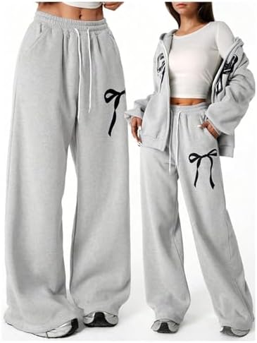Verdusa Girl's Bowknot Baggy Sweatpants Lightweight Straight Leg Athletic Pants With Pockets