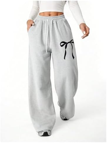 Verdusa Girl's Bowknot Baggy Sweatpants Lightweight Straight Leg Athletic Pants With Pockets