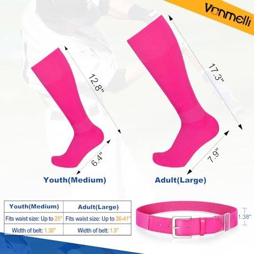 VONMELLI Youth Baseball Socks And Belt Combo Elastic Softball Belt And Socks For Boys And Adult (2 Pairs Of Socks & 1 Belt)