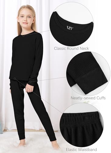 VZV Thermal Underwear For Kids Girls Thermal Underwear Set Waffle Long Johns Cotton Kids Base Layer Top And Bottom For Winter