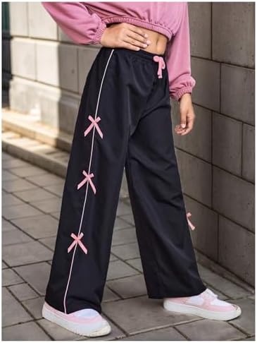 WDIRARA Girl's Bow Side Waist Track Pants Cute Wide Leg Trousers