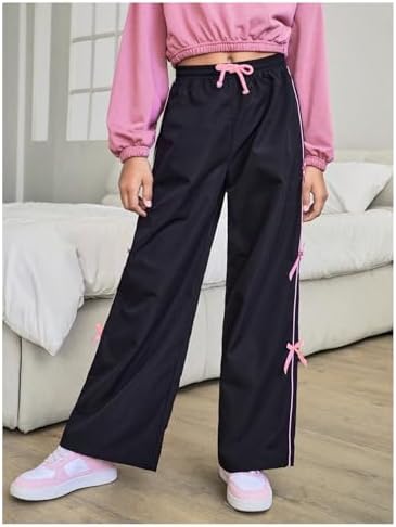 WDIRARA Girl's Bow Side Waist Track Pants Cute Wide Leg Trousers