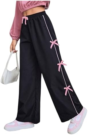 WDIRARA Girl's Bow Side Waist Track Pants Cute Wide Leg Trousers
