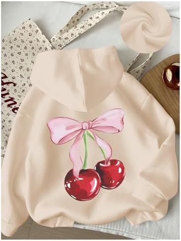 WDIRARA Girl's Cherry Graphic Hoodie Long Sleeve Hooded Sweatshirt Cute Pullovers Tops