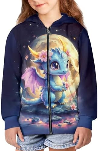 WELLFLYHOM Zip Up Girls Hoodies Graphic 6-16 Long Sleeve Sweatshirt Kangaroo Pocket Full Zip Kids Sweater Top