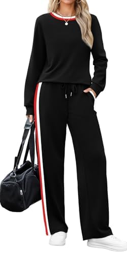 WIHOLL 2 Piece Lounge Sets For Women Long Sleeve Tops Wide Leg Sweatpants Sweatsuits With Pockets