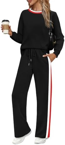 WIHOLL 2 Piece Lounge Sets For Women Long Sleeve Tops Wide Leg Sweatpants Sweatsuits With Pockets