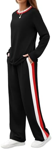 WIHOLL 2 Piece Lounge Sets For Women Long Sleeve Tops Wide Leg Sweatpants Sweatsuits With Pockets