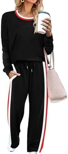 WIHOLL 2 Piece Lounge Sets for Women Long Sleeve Tops Wide Leg Sweatpants Sweatsuits with Pockets