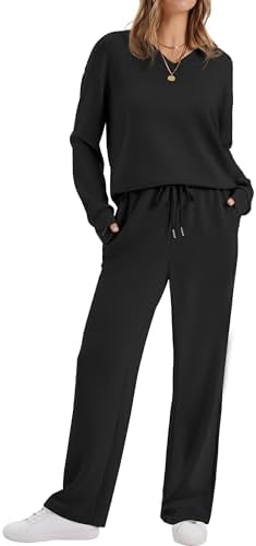 WIHOLL Lounge Sets For Women 2025 V Neck 2 Piece Outfits Airport Wide Leg Pants Matching Set Sweatsuits
