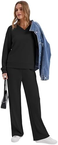 WIHOLL Lounge Sets For Women 2025 V Neck 2 Piece Outfits Airport Wide Leg Pants Matching Set Sweatsuits