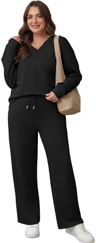 WIHOLL Lounge Sets For Women 2025 V Neck 2 Piece Outfits Airport Wide Leg Pants Matching Set Sweatsuits