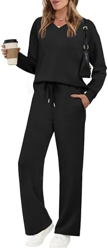 WIHOLL Lounge Sets for Women 2025 V Neck 2 Piece Outfits Airport Wide Leg Pants Matching Set Sweatsuits