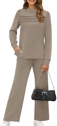 WIHOLL Two Piece Sets For Women Fall Travel Vacation Outfits Long Sleeve Lounge Sets Side Slit Wide Leg Pants S-3XL