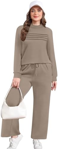 WIHOLL Two Piece Sets For Women Fall Travel Vacation Outfits Long Sleeve Lounge Sets Side Slit Wide Leg Pants S-3XL