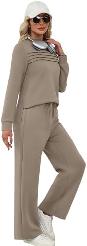 WIHOLL Two Piece Sets For Women Fall Travel Vacation Outfits Long Sleeve Lounge Sets Side Slit Wide Leg Pants S-3XL