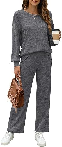 WIHOLL Womens Sweatsuits Sets Long Sleeve Crewneck Top Wide Leg Pants Two Piece Outfits