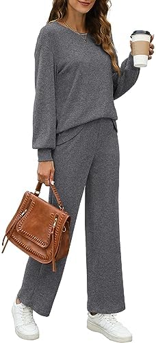 WIHOLL Womens Sweatsuits Sets Long Sleeve Crewneck Top Wide Leg Pants Two Piece Outfits