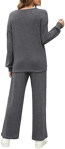 WIHOLL Womens Sweatsuits Sets Long Sleeve Crewneck Top Wide Leg Pants Two Piece Outfits