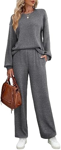 WIHOLL Womens Sweatsuits Sets Long Sleeve Crewneck Top Wide Leg Pants Two Piece Outfits