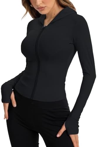 Women Bbl Jackets with Hood Compression Workout Tops Lined or Unlined Lightweight Yoga Gym Jacket with Thumb Hole