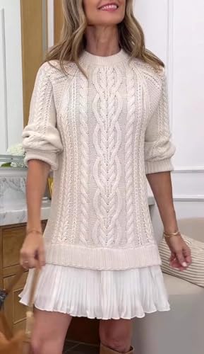 Women Crewneck Cable Knit Sweater Mini Dress Fall Long Sleeve Sweater Dress Chunky Sweater Spliced Casual Dress