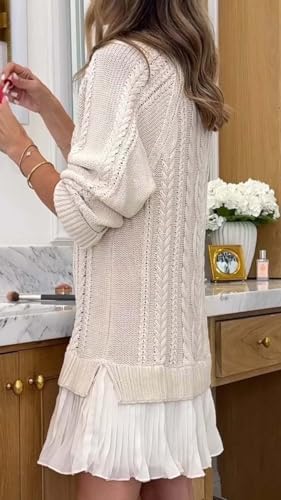 Women Crewneck Cable Knit Sweater Mini Dress Fall Long Sleeve Sweater Dress Chunky Sweater Spliced Casual Dress