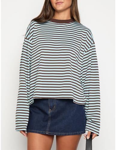 Women Oversized Striped Long Sleeve Shirt Crewneck Cropped Tops Drop Shoulder Y2K Preppy Sweatshirt Fall Clothes