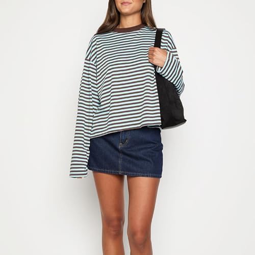 Women Oversized Striped Long Sleeve Shirt Crewneck Cropped Tops Drop Shoulder Y2K Preppy Sweatshirt Fall Clothes