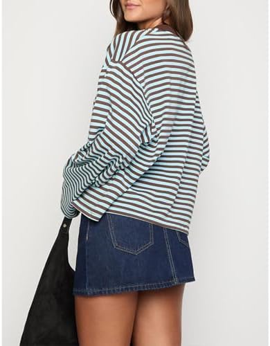 Women Oversized Striped Long Sleeve Shirt Crewneck Cropped Tops Drop Shoulder Y2K Preppy Sweatshirt Fall Clothes