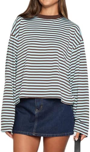 Women Oversized Striped Long Sleeve Shirt Crewneck Cropped Tops Drop Shoulder Y2K Preppy Sweatshirt Fall Clothes