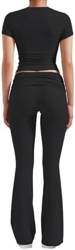Women's 2 Piece Lounge Outfits Slim Short Sleeve Tops Low Rise Flare Leggings Sets Yoga Sweatsuit