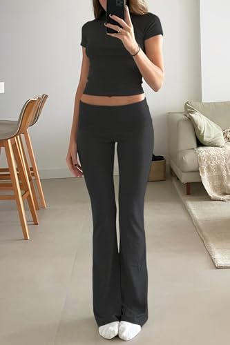 Women's 2 Piece Lounge Outfits Slim Short Sleeve Tops Low Rise Flare Leggings Sets Yoga Sweatsuit