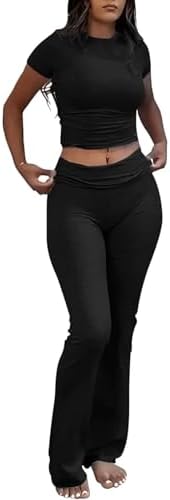 Women's 2 Piece Lounge Outfits Slim Short Sleeve Tops Low Rise Flare Leggings Sets Yoga Sweatsuit