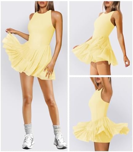Women's Flowy Pleated Ruffle Tennis Athletic Dress For Women Summer Boat Neck Sleeveless Mini Golf Dress Shorts Pockets
