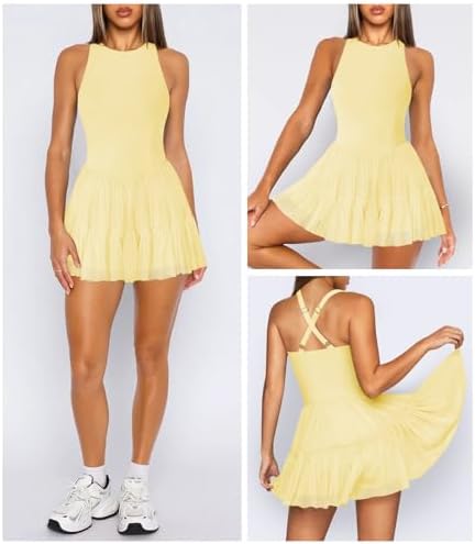 Women's Flowy Pleated Ruffle Tennis Athletic Dress For Women Summer Boat Neck Sleeveless Mini Golf Dress Shorts Pockets