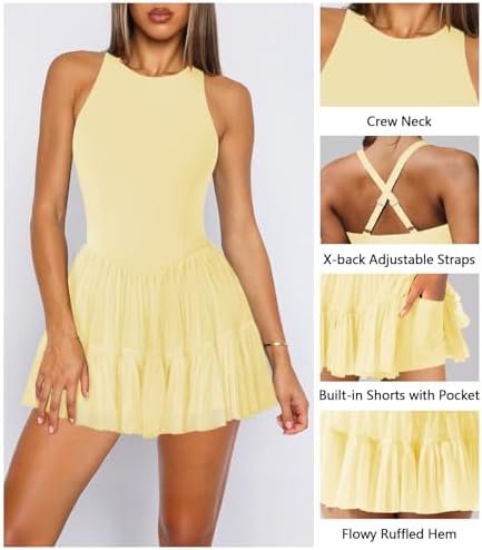 Women's Flowy Pleated Ruffle Tennis Athletic Dress For Women Summer Boat Neck Sleeveless Mini Golf Dress Shorts Pockets